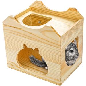 Yesland Wood Chinchilla House, Natural Small Animal Hideout Hut for Chinchilla, Squirrel, Sugar Gliders in Cage -Ventilated Wooden Hamster Habitat with Multiple Doors - 8.5 X 6 X 8 Inches