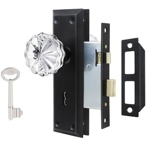 ToPToToo Mortise Lock Set Interior Door, Crystal Glass Door Knobs with Lock and Skeleton Key, Old Door Knob Replacement, Vintage Antique Door Handle, Matte Black Finish
