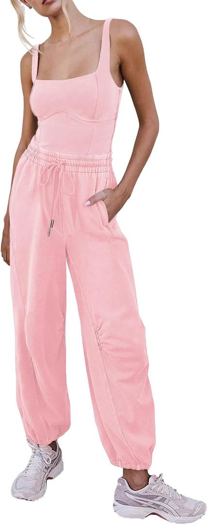 Outfeel Women's Sleeveless Summer Jumpsuit Square Neck Drawstring Waist Long Romper Jumpers 2026 with Pockets (Pink, Small)