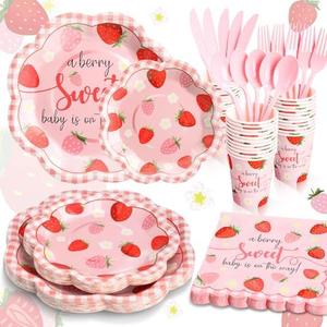 Gudvilla Strawberry Baby Shower Decorations for Girl, Berry Sweet Baby Shower Plates and Cups and Napkins Sets Serves 24, Strawberry Plates, A Berry Sweet Baby Is On The Way Decorations, Girl