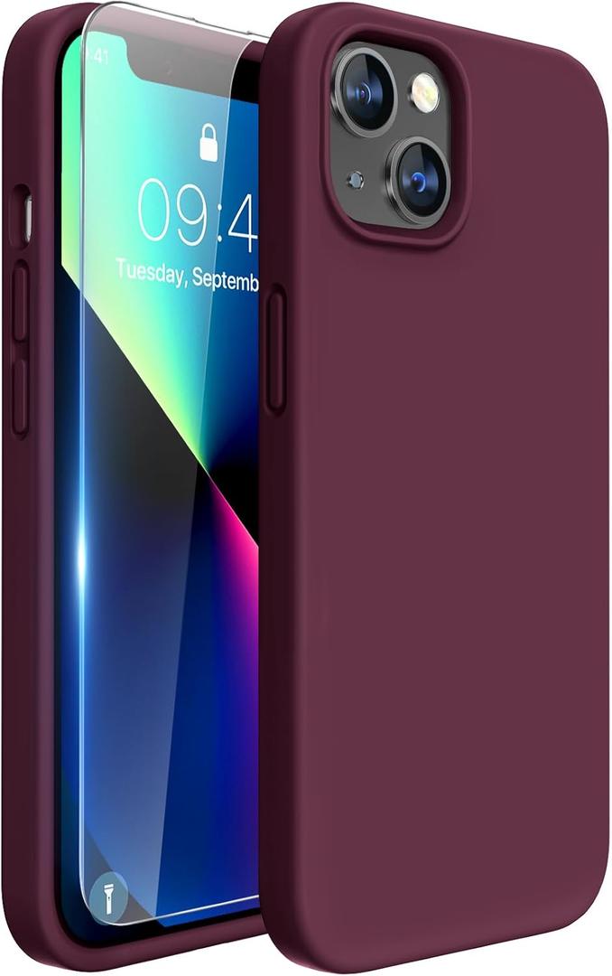 Miracase Designed for iPhone 13 Case, with Tempered Glass Screen Protector, [Soft Anti-Scratch Microfiber Lining], Shockproof Liquid Silicone Rubber Phone Case Cover for 13 6.1 inch, Red