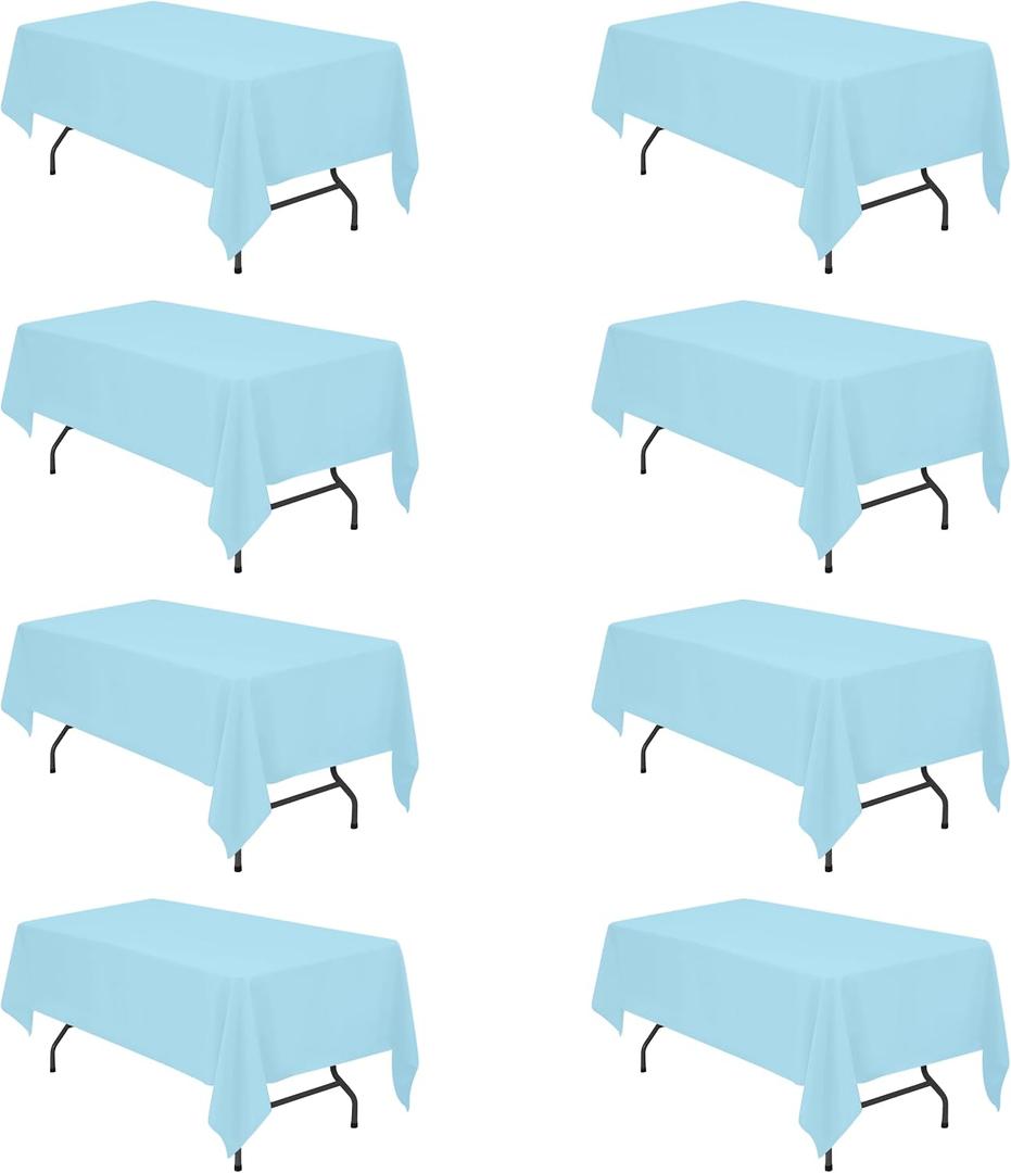BRILLMAX 8 Pack Light Blue Tablecloths 60 x 102 Inch for 6ft Rectangle Tables - 150 GSM Polyester Fabric, 15" Standard Drop, Water, Stain & Wrinkle Resistant Cloth Cover for Wedding Dining Buffet