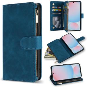 ZZXX for Galaxy S24 FE Wallet Case Zipper Pocket 6.7 inch,Blue