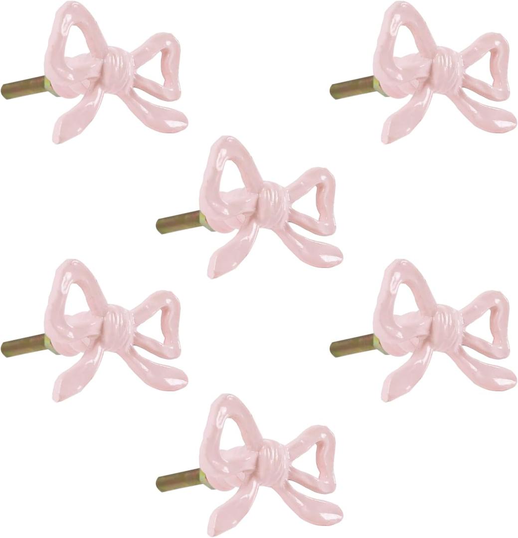 Metal Pink Bow Style Drawer knobs and pulls, Set of 6, for Cabinet Drawers, Dresser, Wardrobe- Easy to Install -Charming Design