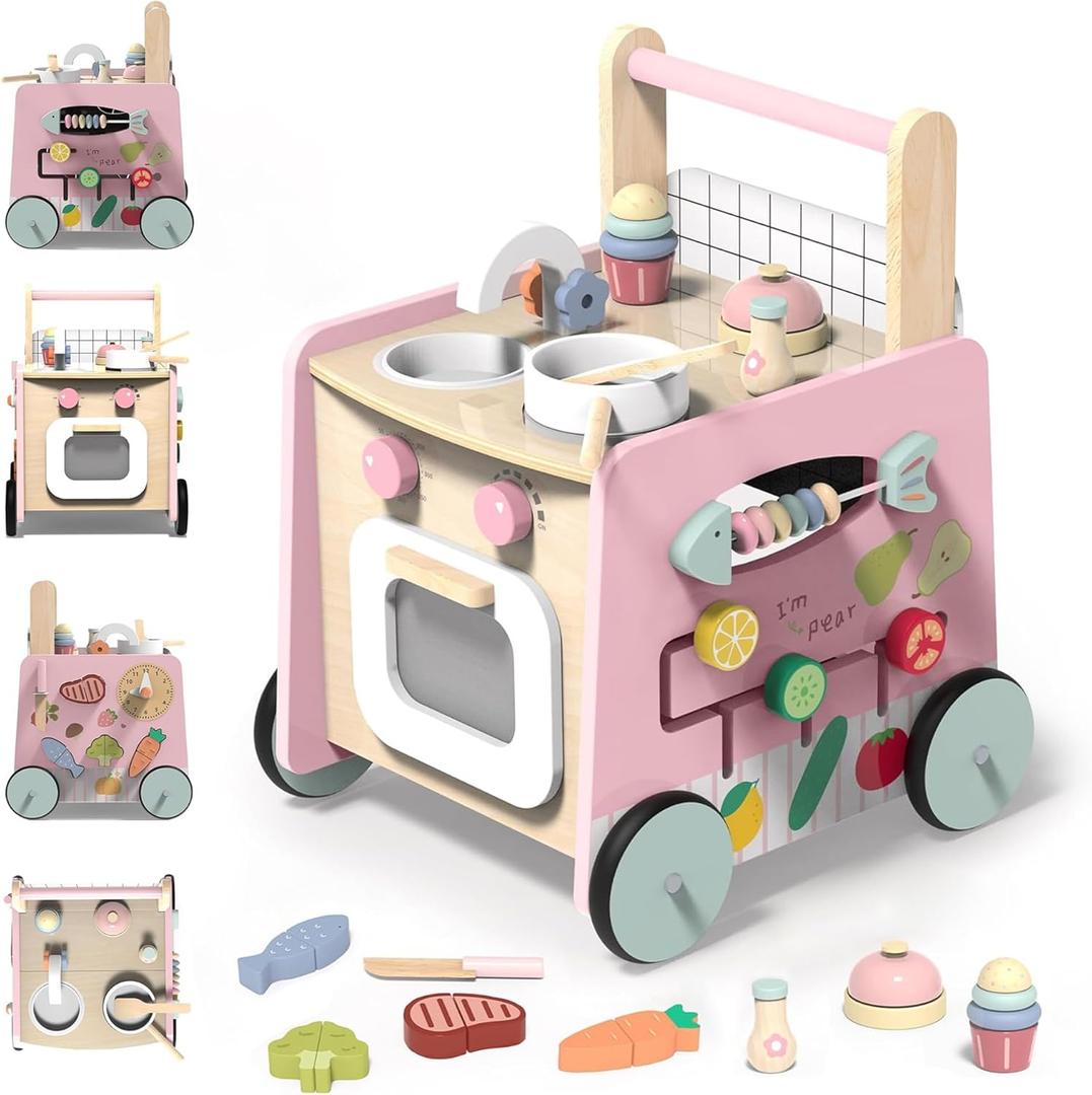 Gigglegems Wooden Baby Walker 4-in-1 with Push Walker Toys, Play Kitchen Accessories, Toddlers Montessori Sensory Toys, Walking Toys for Baby Girls Boys Learning to Walk