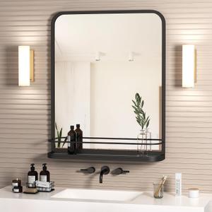 Large Bathroom Mirror with Shelf, Matte Black Modern Farmhouse Bathroom Vanity Mirror for Wall, Rectangle Metal Framed Rounded Corner Wall Mirror for Bathroom Living Room,Entryway 25" x 30.7"