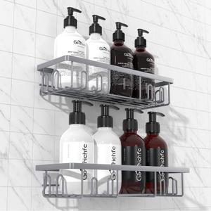2025 New Adhesive Shower Caddy, Shower Shelves with 16 Hooks, Grey 2 Pack