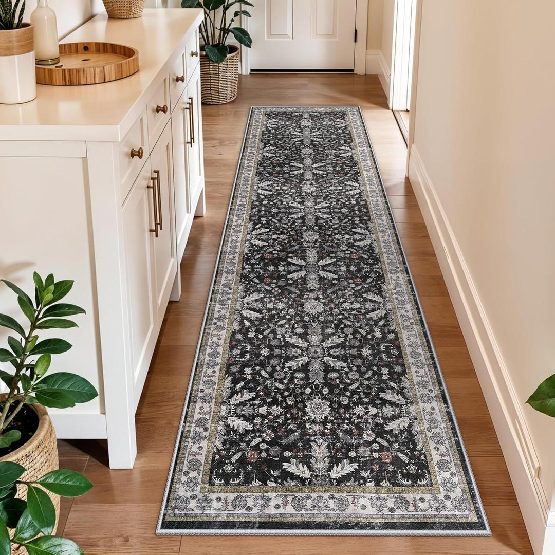 2x8ft Kitchen Rug Runners Washable Non Slip  Boho Floral Carpet Runner for Hallway, Bathroom, Bedroom, Entryway  Soft Low-Pile Thin Long Kitchen Floor Rug (Black, 2x8)