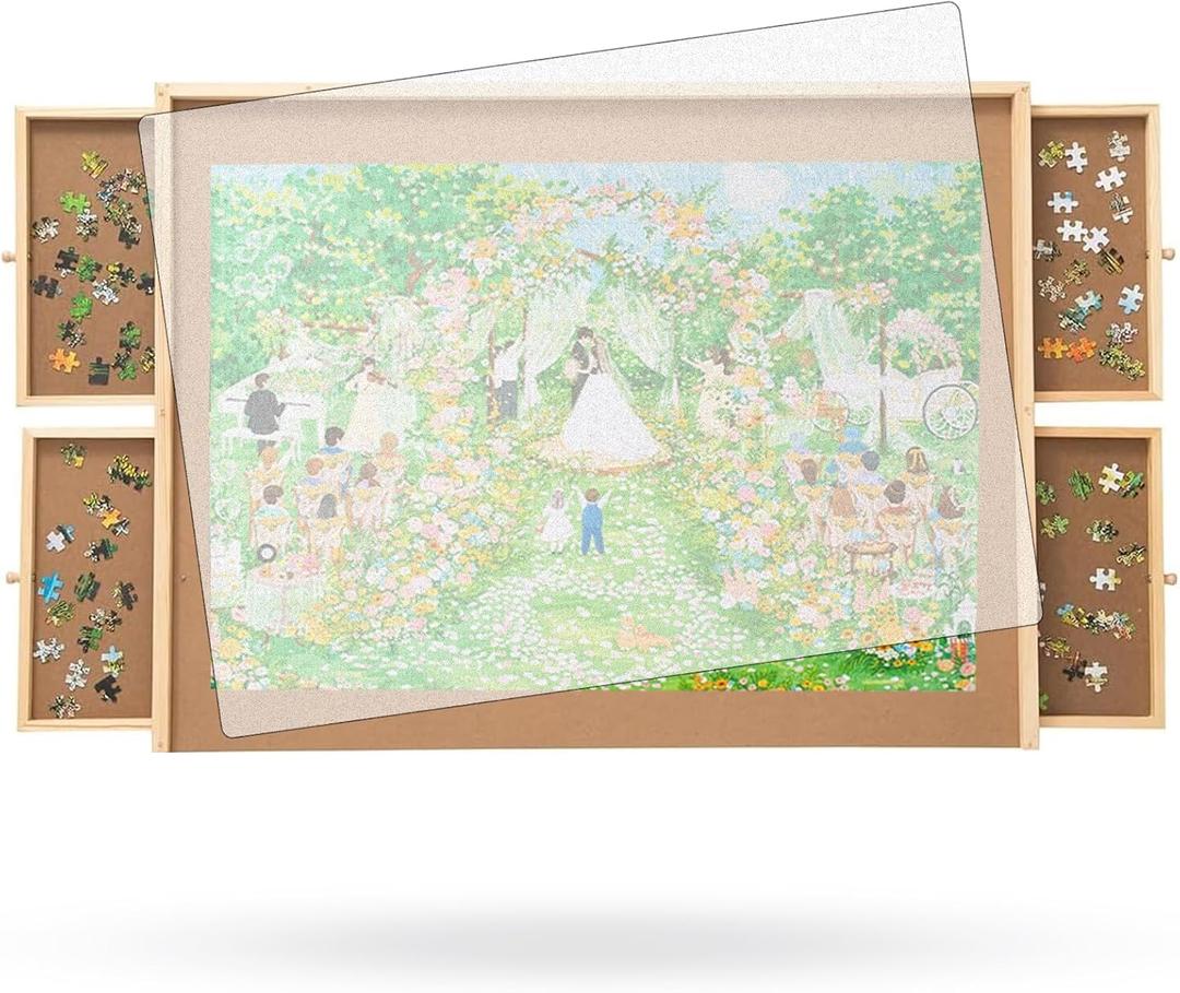500 Piece Puzzle Board with Drawers, Small Puzzle Board 14" x 28" Jigsaw Puzzle Table with Cover Mat, 4 Drawers, Small Puzzle Table, Birthday Gifts
