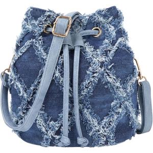 Women Denim Mini Bucket Shoulder Crossbody Bag Drawstring Quilted Distressed Tassel Barrel Shape Satchel Purse