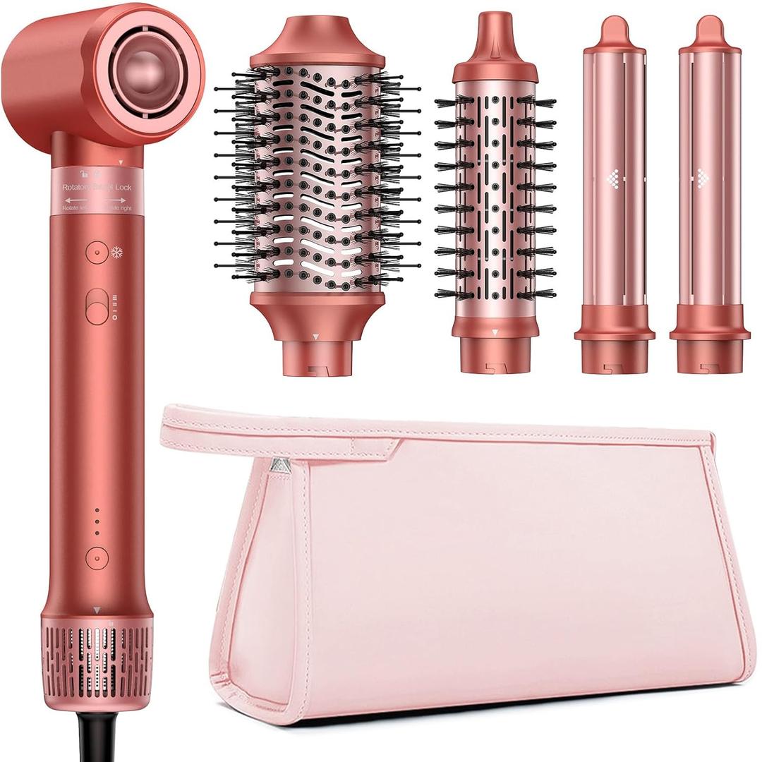5 in 1 Hair Styler Hot Air Styler - High-Speed Hair Dryer Brush, Fast Drying No Heat Damage Ionic Blow Dryer Brush for Women Volumizing, Curling, Straighten, Frizz-Free Multi Stylers Travel Bag (Strawberry-bronze)