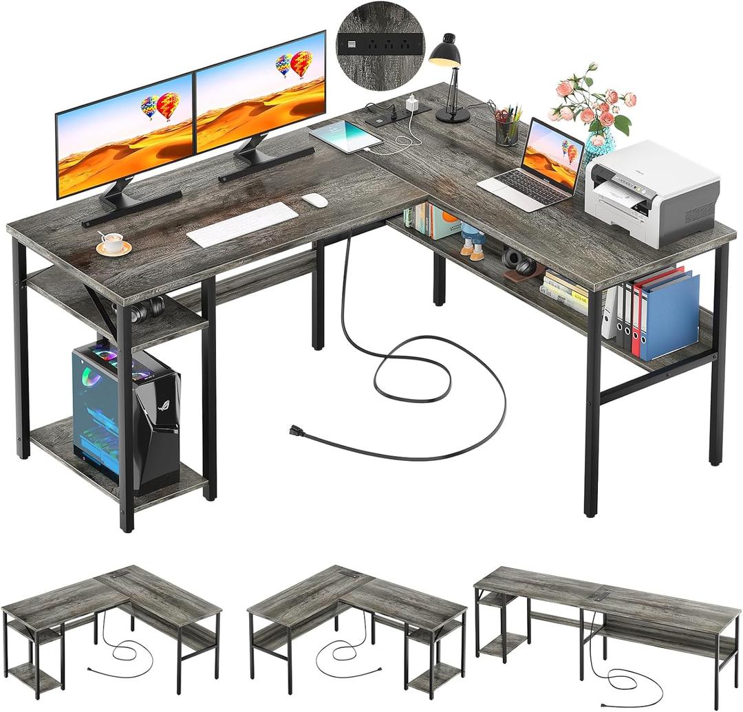 Unikito Reversible L Shaped Desk with Magic Power Outlets and USB Charging Ports, Sturdy Corner Computer Desk with Storage Shelves, Gaming Desk for Home Office, Easy to Assemble, Black Oak, Without LED Light