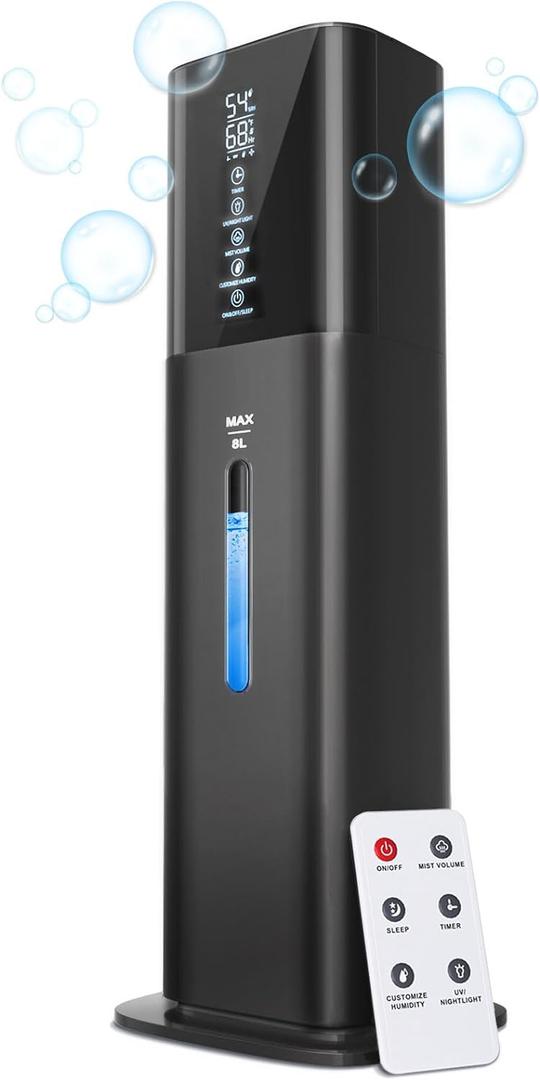 Humidifiers for Bedroom, 2.11Gal 8L Quiet Humidifiers for Large Room with Timer, 360Nozzle, 3 Speed Ultrasonic Cool Mist Humidifier with Humidistat for Baby Home Adults Plants (Black)