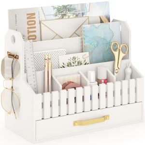 Bamboo Mail Organizer Countertop with Drawers, Wood Desk File Organizer Desktop Paper Organization Storage Bill & Letter Sorter Holder for School Home Office Supplies, No Assembly Required (Black)