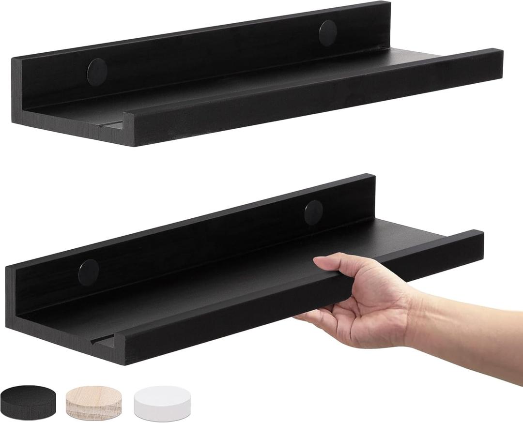 Black Floating Shelves for Wall, Rustic 24 in Picture Ledge Shelf with Non-Slip Groove Bedroom Modern Hanging Wall Mount Shelves Set of 2 Nursery Book Shelves Kids Bedroom Bathroom Livingroom Kitchen