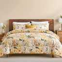 Bedorm 100% Cotton Comforter Set Queen Floral Bedding Set Yellow Flower Green Leaf Print French Country Bedding Extra Soft & Breathable Bedroom Comforter