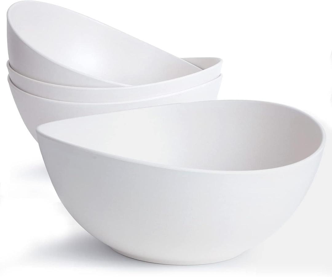 9.6'' Serving Bowls, 84oz Bamboo Fiber Salad Bowl Set of 4, Deep Serving Bowls Set, Large Oval Individual Bowls for Eating Salad/ Pasta/ Cereal/ Pho, Ideal for Home & Restaurant (Matte White)