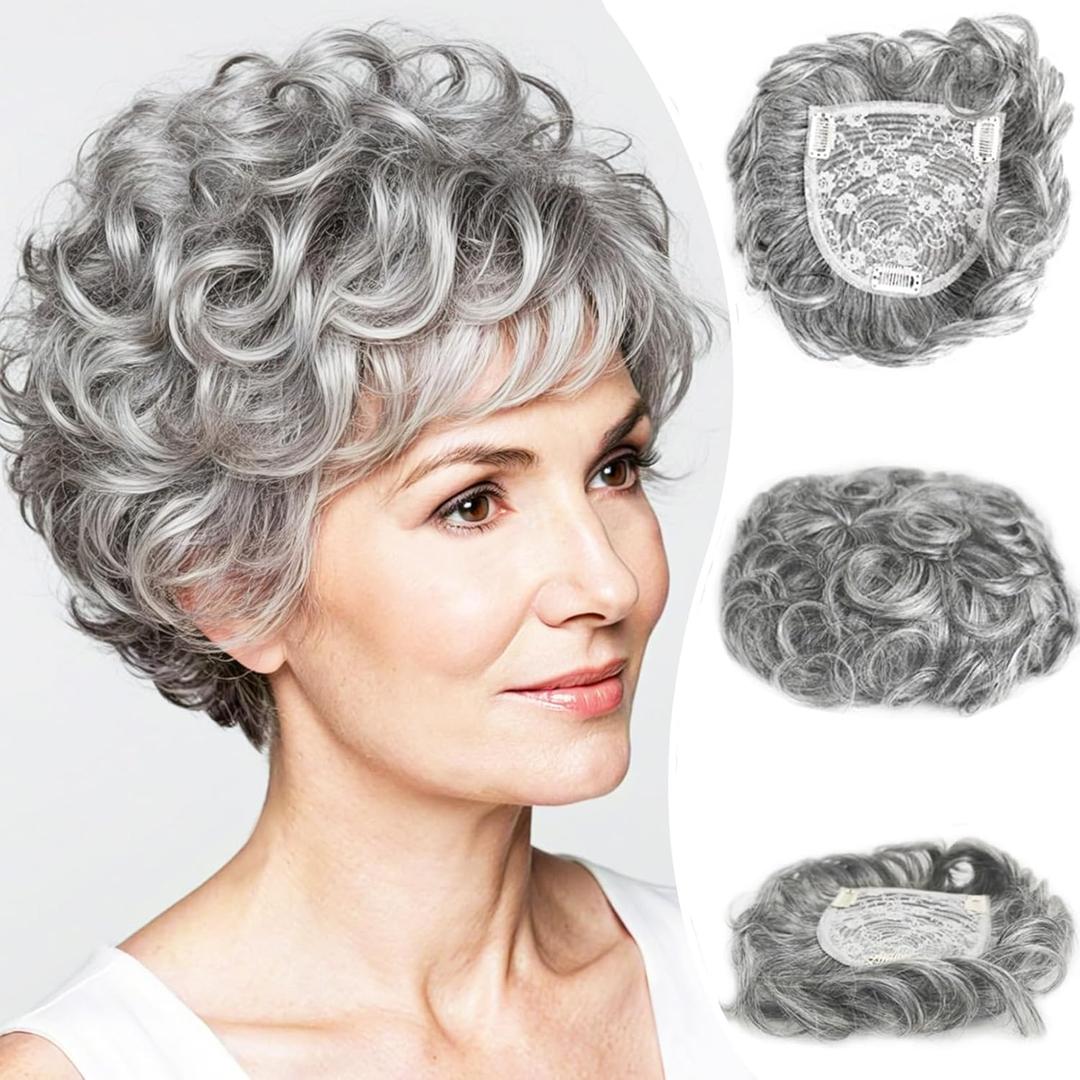 Breathable Short Curly Topper Hair Piece for Women with Thinning Hair Real Human Hair,Silver Gray Color Natural Layered Short Curly Human Hair Topper Clip in Hairpiece Wiglet (5")