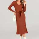 ANRABESS Womens Long Sleeve Fall Dress 2025 V Neck A-line Tie Waist Ribbed Knit Bodycon Midi Sweater Dresses Rust Small