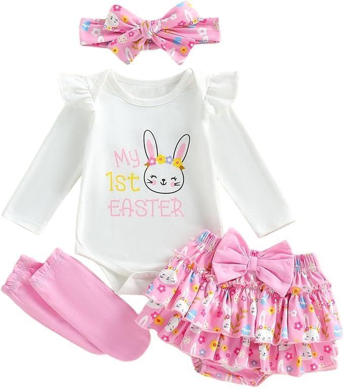 Baby Girls 4PCS Easter Shorts Long Sleeve Letter Bunny Print Romper Shorts Headband Leg Warmers Outfits
