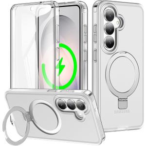 for Samsung Galaxy S26 Case with Magnetic Invisible Stand[Compatible with MagSafe] with Screen Protector Dual Layer Full Body Military Shockproof Translucent Phone Cover-White