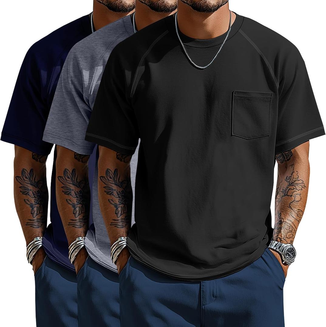 Neer 3 Pack Big and Tall Shirts for Men with Pocket XL-5XL Plus Size Crew Neck Raglan Short Sleeve Summer Casual T Shirts Tee (Black, Light Gray, Navy Blue)