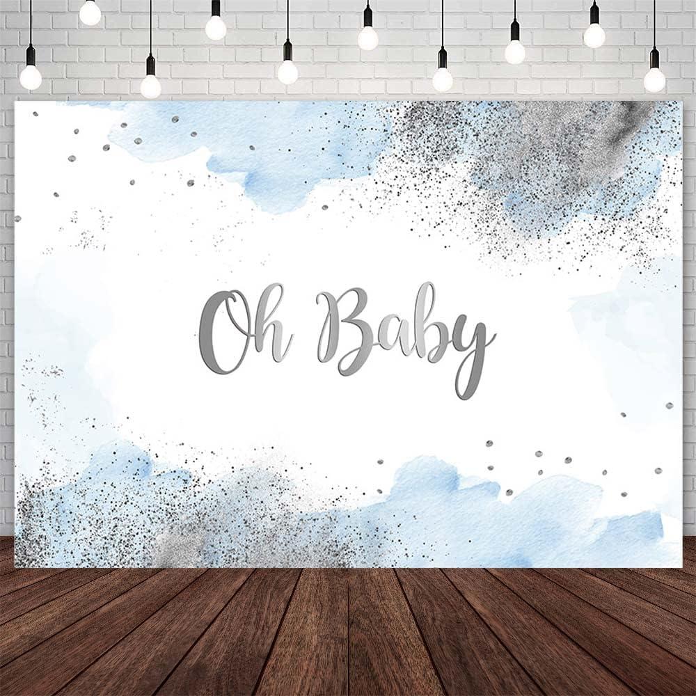 7x5ft Oh Baby Backdrop for Boys Pastel Watercolor Baby Shower Photography Background Blue Clouds Silver Glitter Baby Shower Party Decorations Cake Table Banner Supplies Photo Studio Props