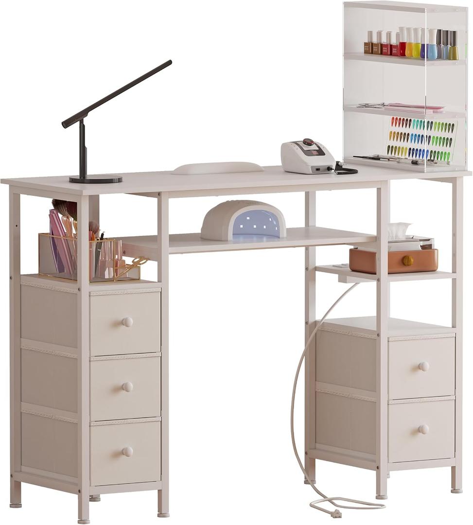 Manicure Table Nail Desk for Nail tech with Drawers and Power Outlet,Nail Beauty Table with Storage and Open Shelves for Home,Workshop,Makeup Beauty Salon Workstation (Acrylic), 47.24 x 15.75 x 47.24 inches