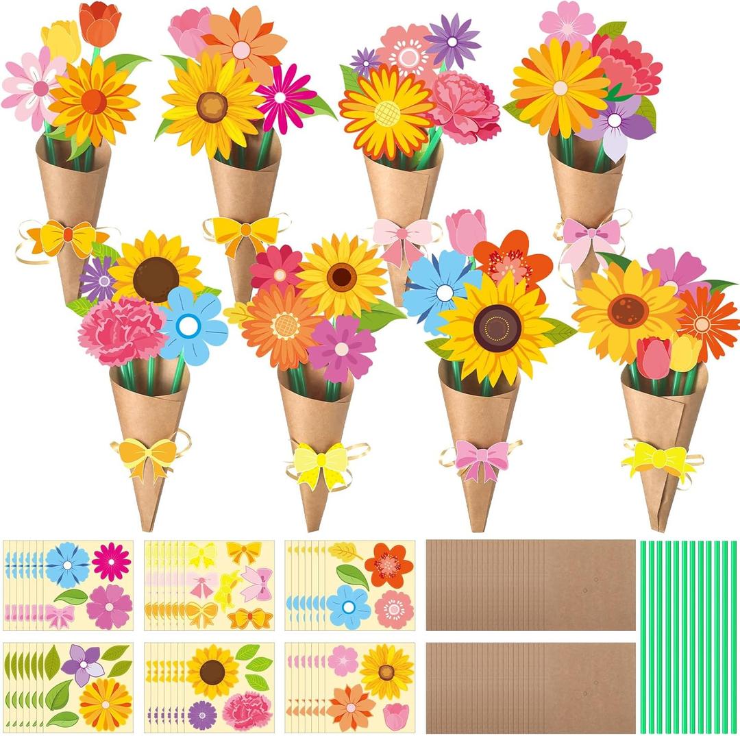 48 Set Flower Bouquet Craft Kit DIY Flower Paper Crafts Floral Bouquet Gifts Teacher I'm Thankful Making Kit for Mothers Day Graduation Classroom Decoration Summer Home School Activity