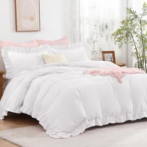 White Ruffle Duvet Cover King(104x90Inch), 3 Pieces Ruffle Farmhouse Shabby Chic Duvet Cover for Girls Kids Women, Soft Polyester Duvet Cover Set with Zipper Closure & Corner Ties