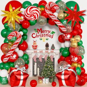 Ouddy Life Christmas Balloon Garland Arch Kit, 174 pcs Red Green White Metallic Gold Balloons Candy Cane Gift Box Star Foil Balloons for Christmas Party Decorations Xmas Baby Shower New Year Decor
