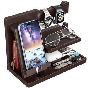 Yirilan Wood Phone Docking Station, Nightstand Organizer for Father Man, Birthday Gifts for Men/Dad/Boyfriend/Grandpa, Anniversary, Christmas, Graduation Travel Idea Gadgets-Brown
