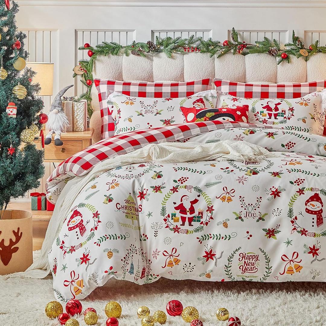 Joyreap 3pcs Christmas Duvet Cover Set Queen, Xmas Wreaths and Santa Claus Design Comforter Cover Set, Includes 1 Duvet Cover and 2 Pillow Shams (Queen- 90"x90")