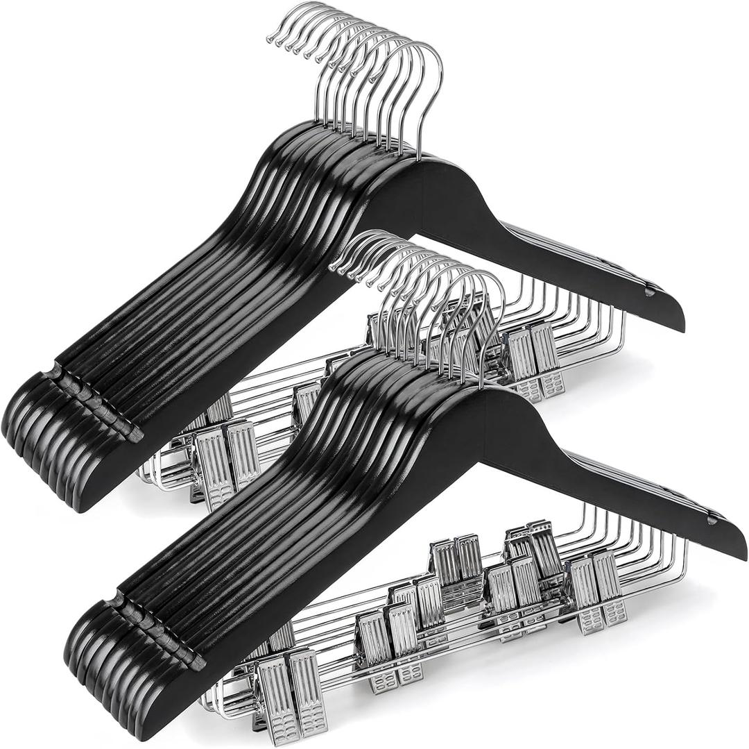 TOPIA HANGER Wooden Suit Hangers with Adjustable Metal Clips (20 Pack), Solid Wood Coat Hangers, 360 Swivel Hook, Premium Clothes Hangers for Jacket, Pant, Jeans, Blouse-Black, CT28B20