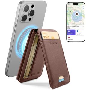 7 x SURITCH for MagSafe Wallet with Find My Functionality, NFC Supported Card Holder with RFID Blocking, Magnetic Wallet with Adjustable Stand Selfie Stick for iPhone 17/16/15/14/13/12 Series, Brown