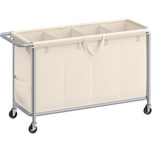 SONGMICS Laundry Basket with Wheels, 4-Section Rolling Laundry Hamper, 68.6 Gallons (260 L), Removable Liner, Steel Frame with Handle, 43.3 x 15.4 x 31.9 Inches, Cream White 