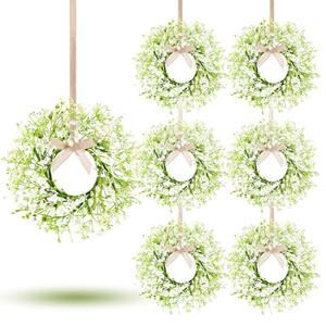 6 Pcs Mini Baby Breath Hanging Wreaths Gypsophila Candle Rings Pillar Holder Wreath Artificial Flower Spring Summer Floral Wreath for Wedding Farmhouse Porch Cabinets Table Decoration