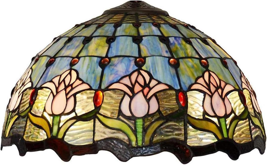 Tiffany Style Tulip Lamp Shade Replacement 16 Inch Wide Victorian Style Stained Glass Blue Pink Lampshade for Table Desk Floor Ceiling Pendant Light Accent Lamp, 8 inches high and 16 inches wide