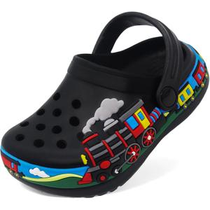 Boys Girls Toddler Clogs Little Kids Slip on Slides Sandals Slippers Cute Cartoon Train Pattern Garden Clogs Summer Indoor Outdoor Beach Pool Water Shoes, Size 25