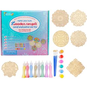 2 x Kulture Khazana: Make Your Own Wooden Rangoli - 2-in-1 Sand & Paint Art Kit - Creative Diwali Activity, Mess-Free Drop Cloths, Kids DIY Sensory Craft