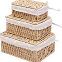 Woven Storage Baskets with Lids, Set of 3, Gray Paper Rope Wicker Bins with Lids & Removable Liners, Stackable Shelf Organizer Boxes for Bathroom Closet Nursery