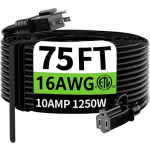 HUANCHAIN Indoor Outdoor Black Extension Cord 75 Ft Waterproof, 16/3 Gauge Flexible Cold-Resistant Appliance Extension Cable Outside, 10A 1250W 16AWG SJTW, 3 Prong Electric Cord, ETL