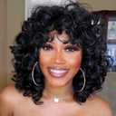Lightweight Breathable Black Short Curly Wigs Human Hair with Bangs Heat Resistant Glueless for Natural Look Daily Use (14 Inch,Black)