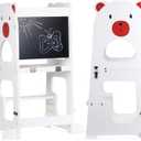 Toddler Tower, 2 in 1 Montessori Learning Tower with Chalkboard, Foldable Toddler Table and Chair, Kitchen Helper Stool, Natural Wooden Step Stool for Kids