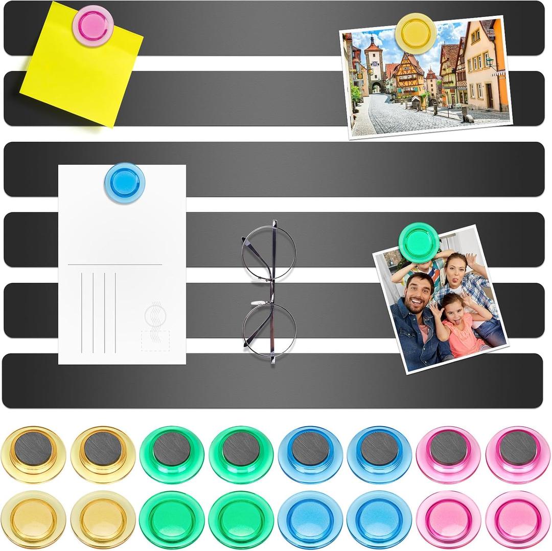 Wukong 6 Pack | 30x3cm(11.81 x 1.18) Magnetic Stainless Black Boards Strips, Adhesive Backing Bulletin Bar Board, Memo Board with 16Pcs Colorful Magnets for Office, Home, Photo Wall, Documents