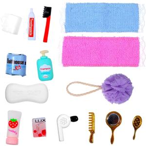 15 Pcs Dollhouse Bathroom Accessories, Mini Bath Accessories for Dollhouse Decoration, Mini Hair Dryer Brush Comb Mirror Towel Soap Toothpaste Toothbrush Makeup Set for House Bedroom Decoration