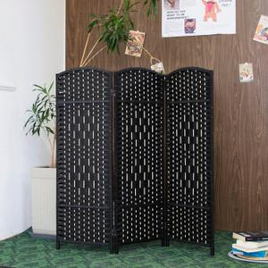 Furnnylane 3 Panel Black Rattan Room Divider for Room Separation, 47.2" Low Height Double Sided Folding Privacy Screen, Freestanding Partition Screen for Home Office - 3.95 ft Tall