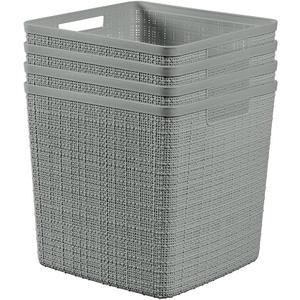 Curver Set of 4 Jute Large Cube Decorative Plastic Organization and Storage Baskets, Perfect Bins for Home Office, Closet Shelves, Kitchen Pantry and All Bedroom Essentials, Grey
