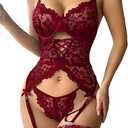 Lilosy Sexy Criss Cross Corset Underwire Floral Lace Sheer Garter Belt Lingerie Set 2 Piece (Medium, Burgundy Red)