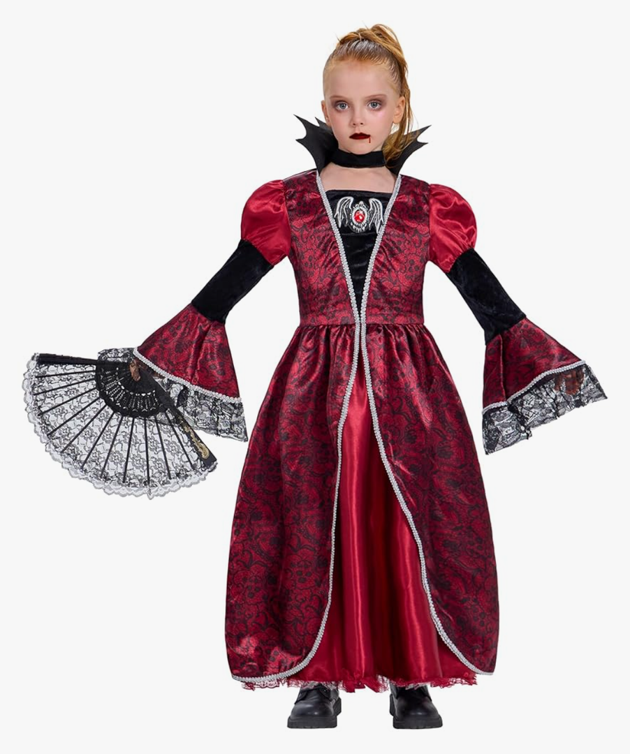 IKALI Girls Vampire Costume Outfit, Kids Princess Fancy Dress Up Gown for Halloween Party 10-12Y